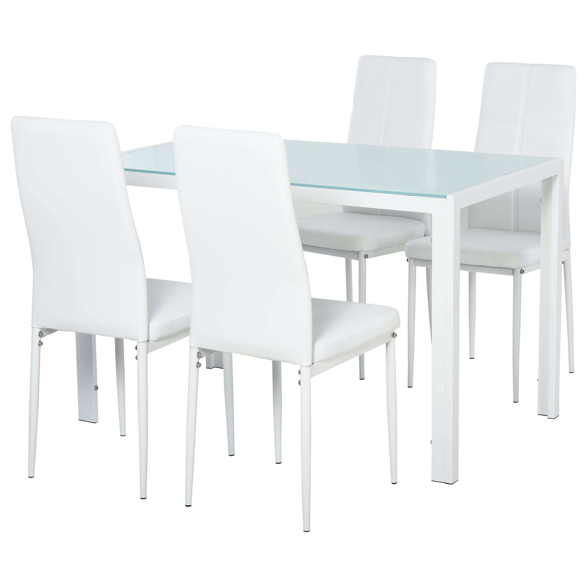 5-Piece Rectangular Glass Kitchen Table and 4 Faux Leather Chairs, White