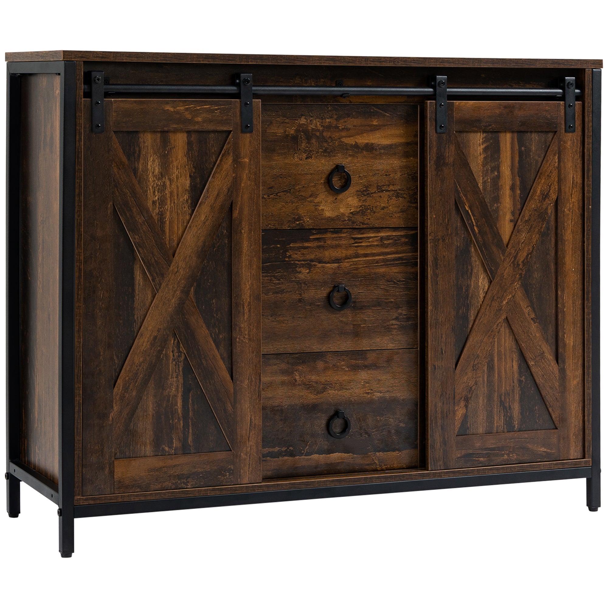 Industrial Sideboard with Sliding Barn Doors & Drawers, Rustic Brown