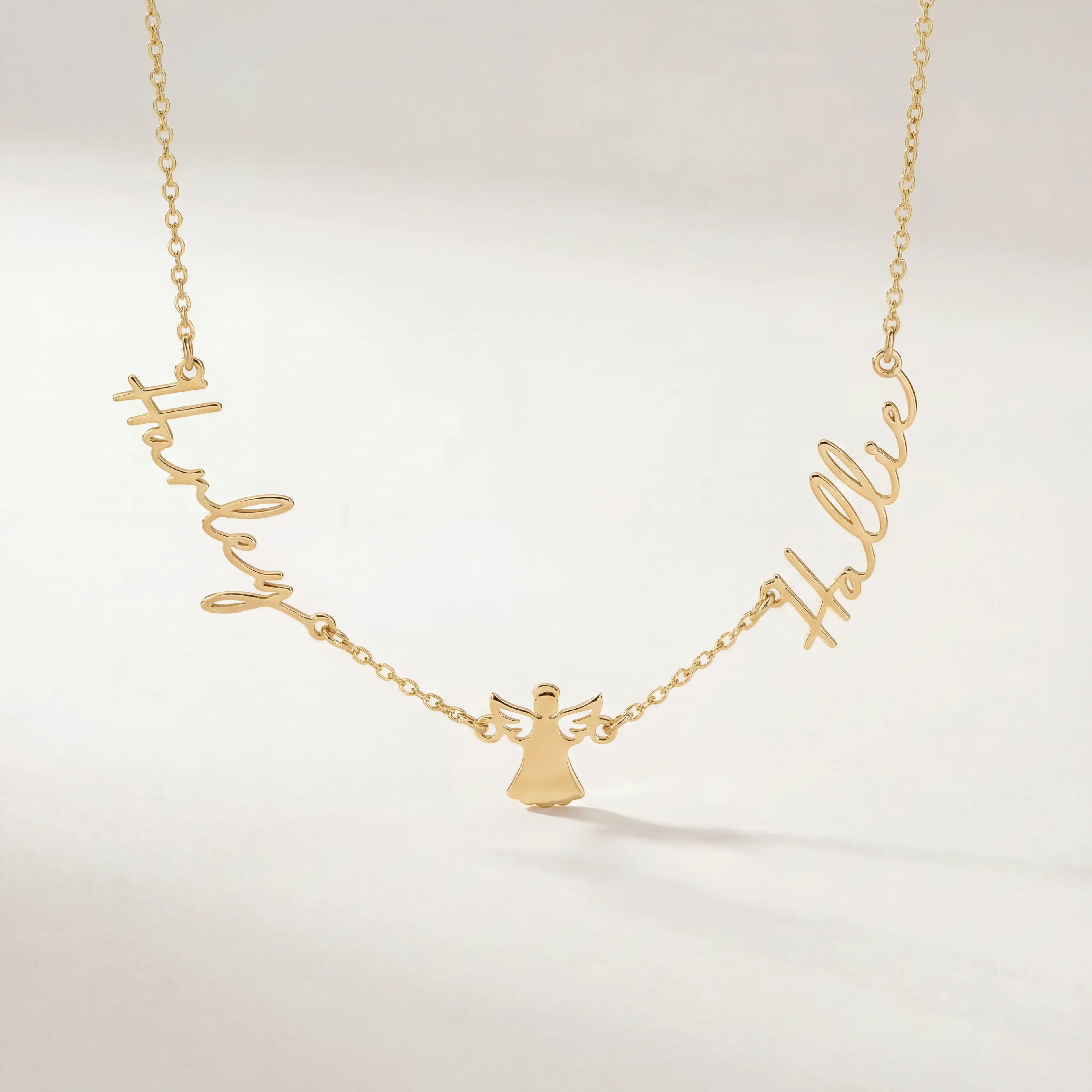 Double Name with Angel Necklace - Vermeil / Style 2
