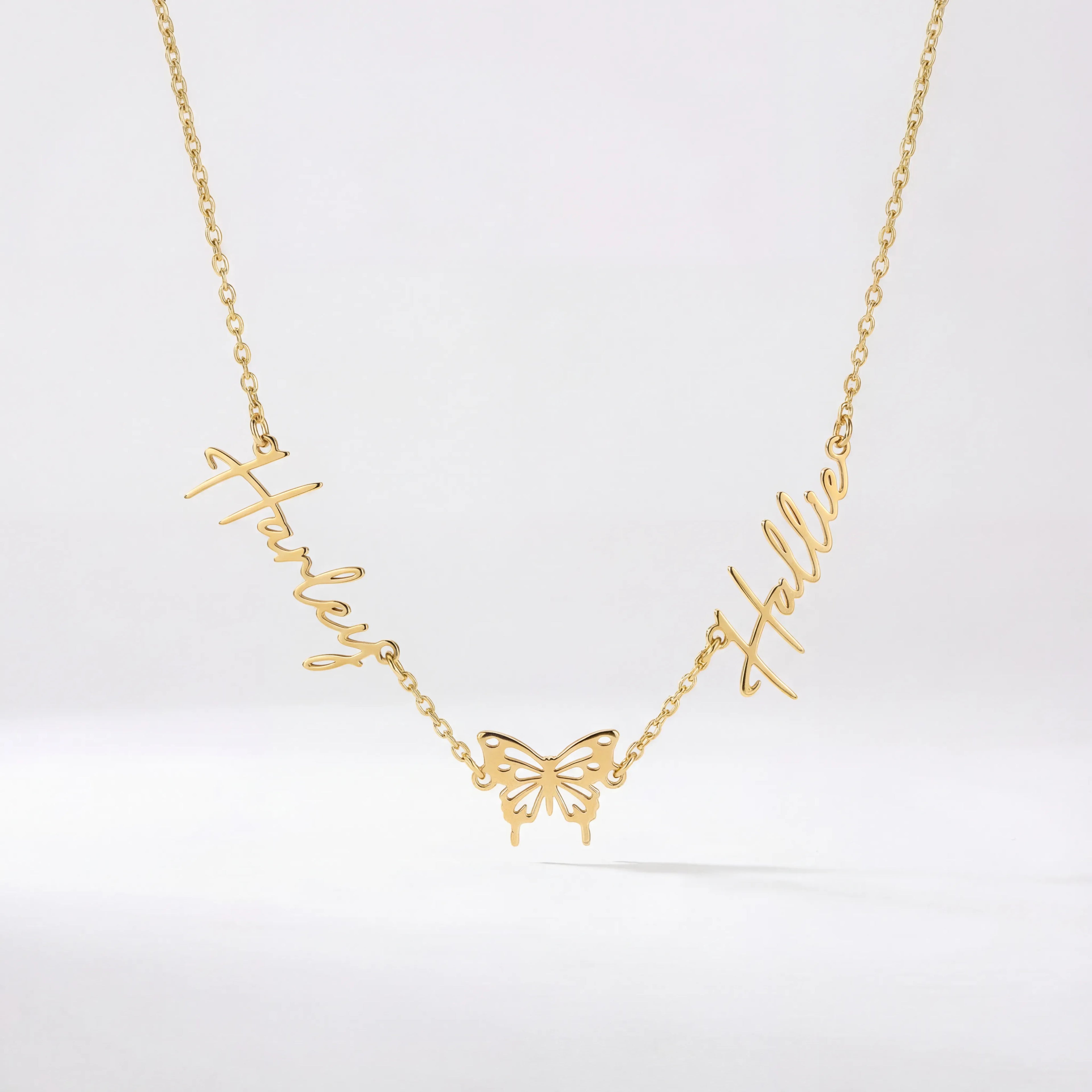 Double Name with Butterfly Necklace - Vermeil / Style 2