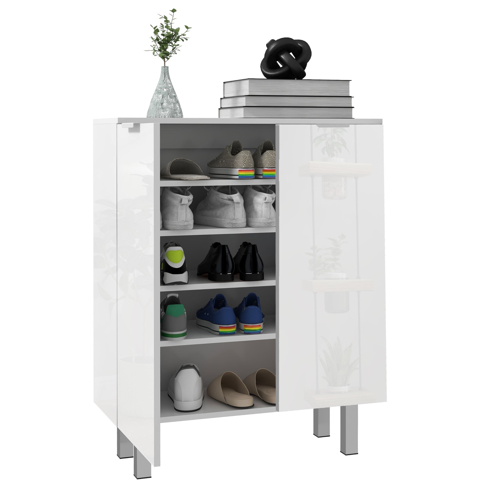 Compact Shoe Cabinet with Adjustable Shelves for 15-20 Pairs of Shoes, High Gloss White