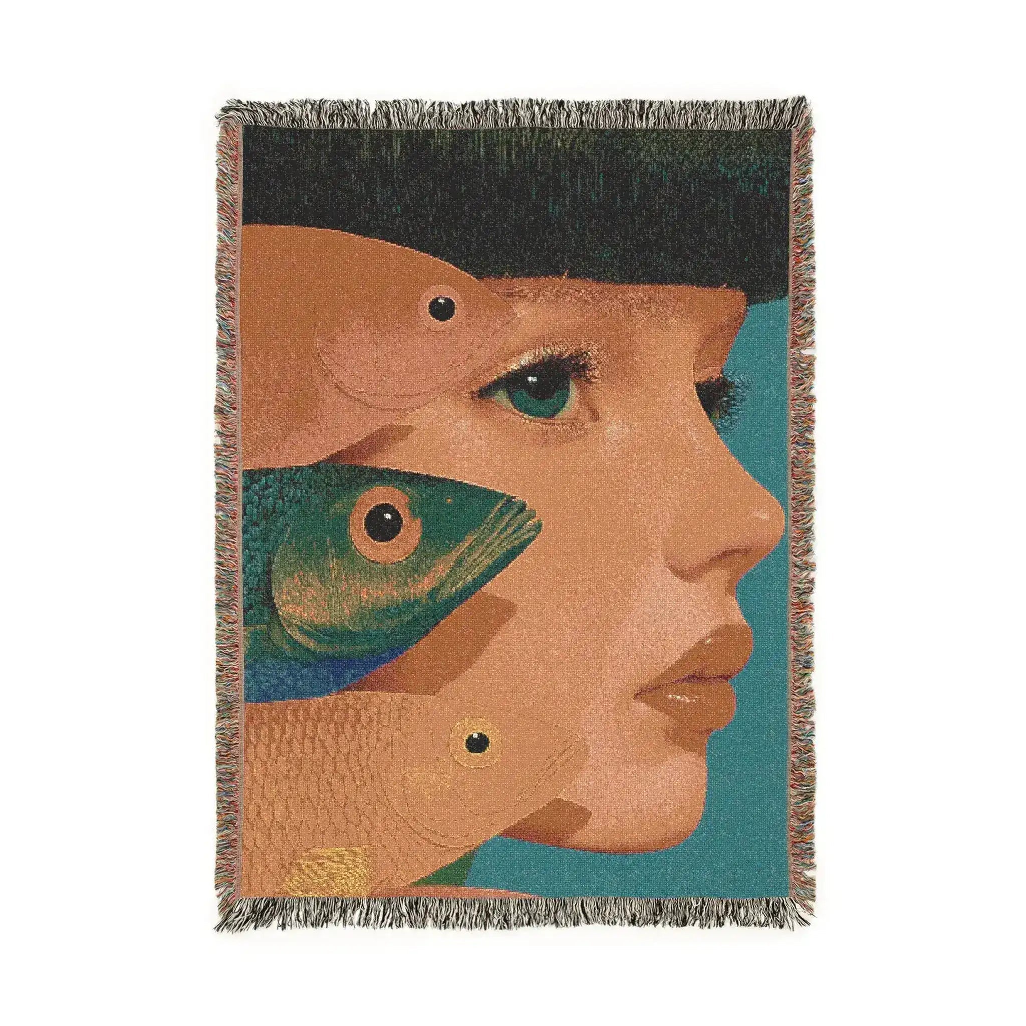Vibrant Vision Surreal Girl & Multicolor Fish Art Woven Blanket