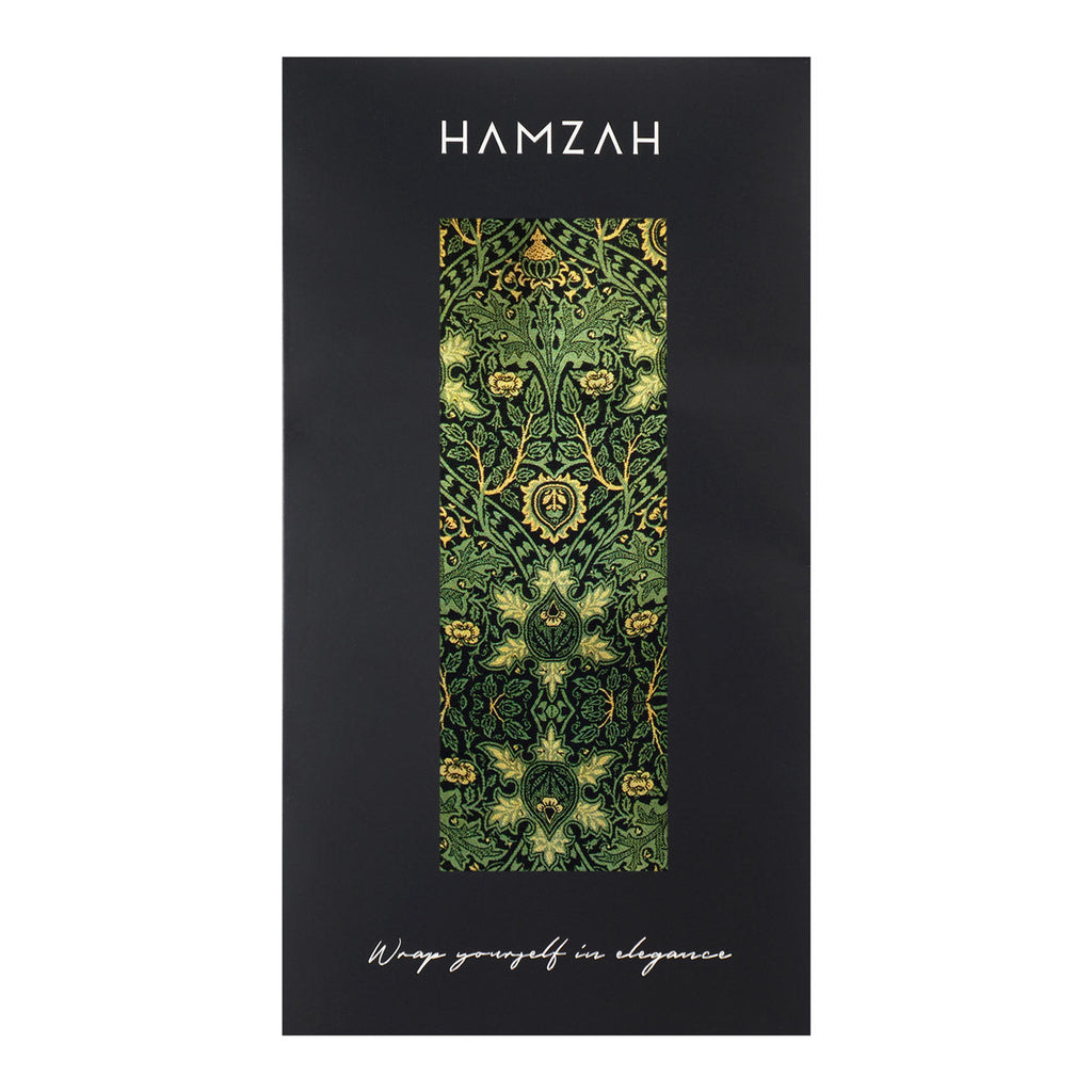 Vintage Green Silk Scarf with Ornate Gold Motifs