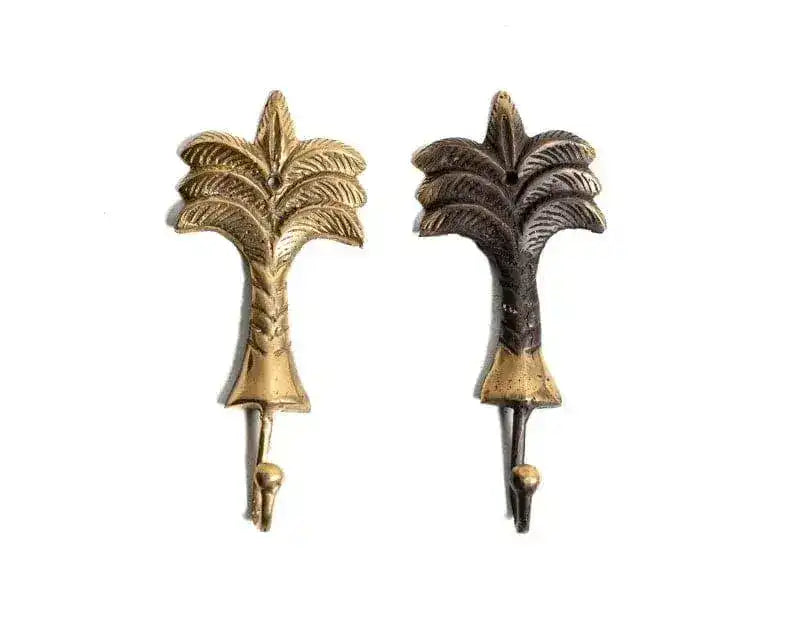 Vintage Inspired Solid Brass Palm Tree Wall Hooks - 2 pcs