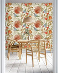 Vintage Orange Floral and Birds Wallpaper