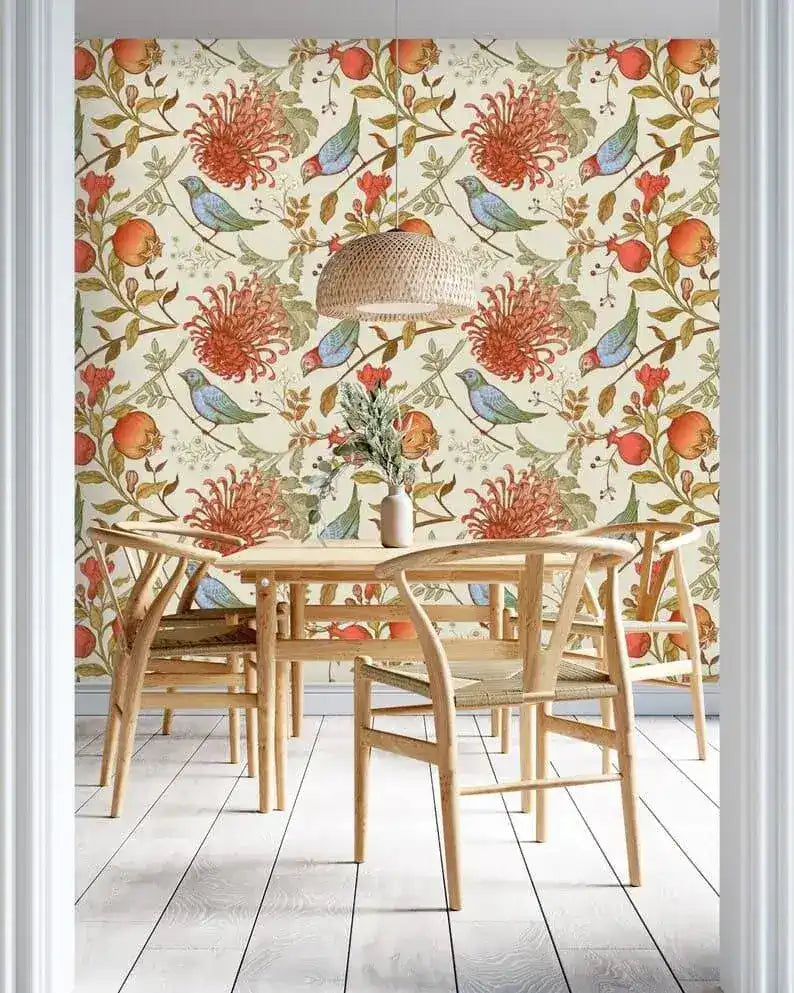 Vintage Orange Floral and Birds Wallpaper