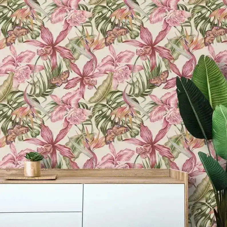 Vintage Watercolored Tropical Monstera Floral Wallpaper