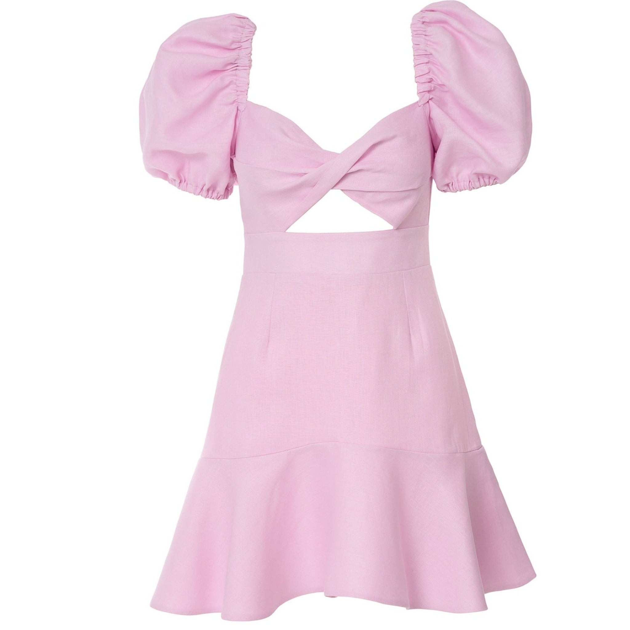 Pink Linen Mini Dress with Puff Sleeves | PR Sample