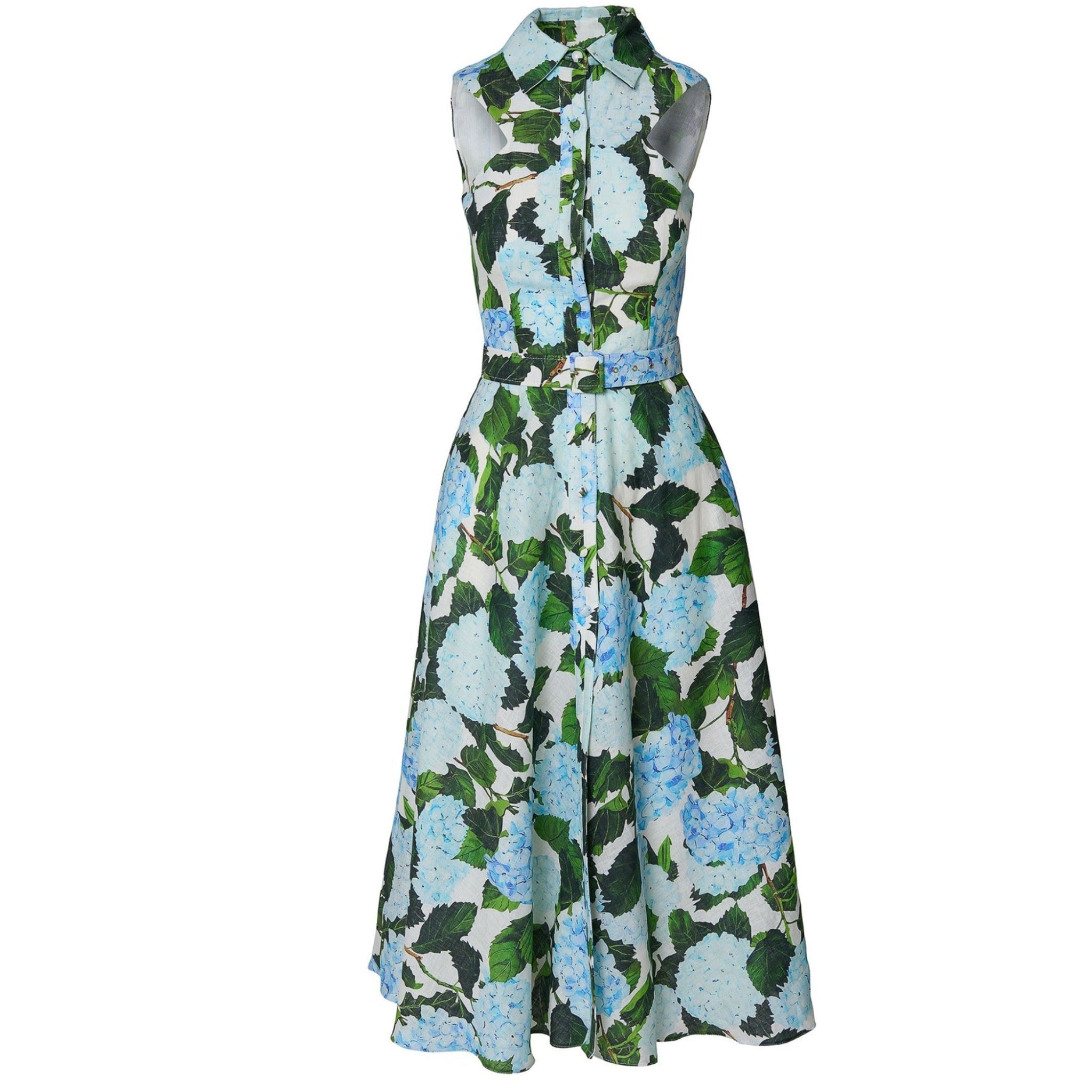 Blue Hydrangea Print Linen Midi Dress