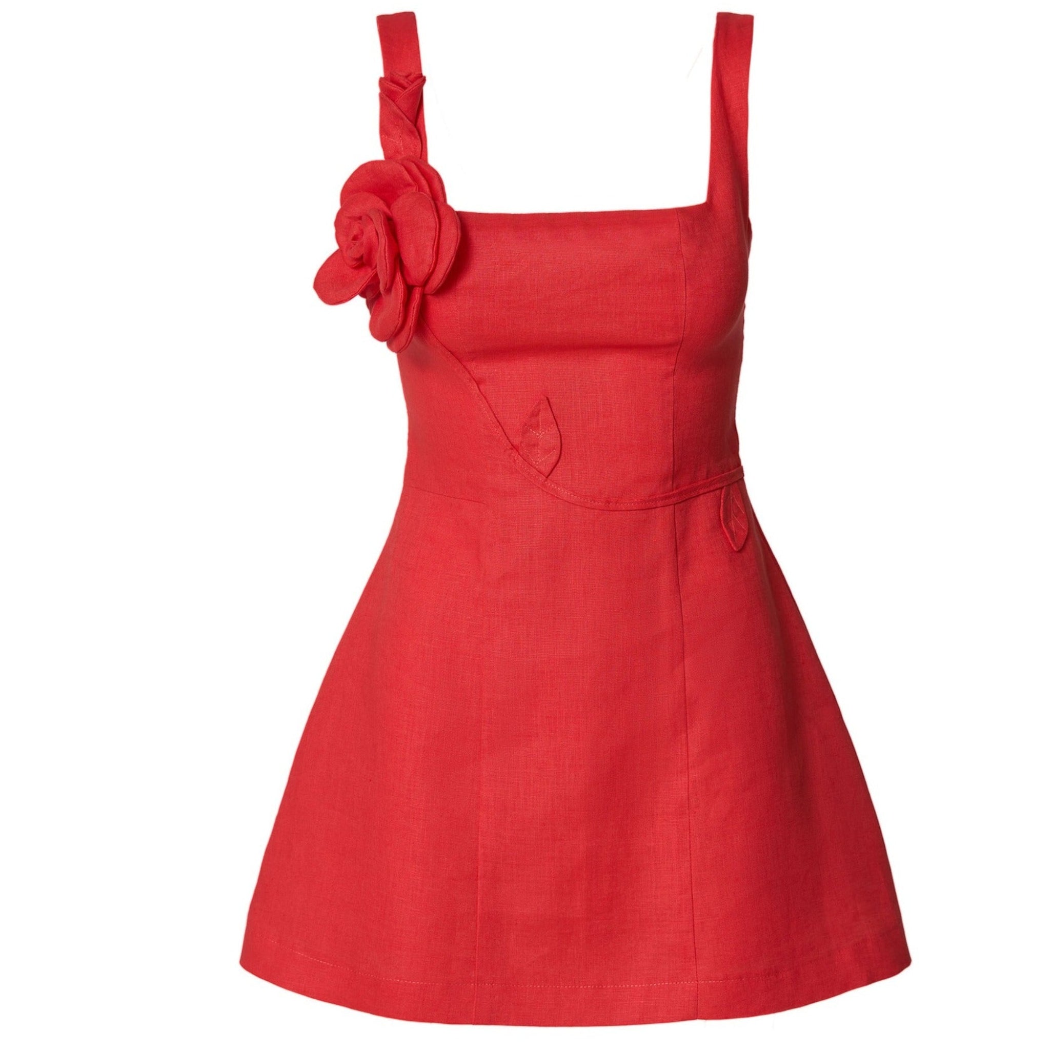 Coral Red Linen Mini Dress with Rose Strap