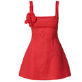 Coral Red Linen Mini Dress with Rose Strap | PR Sample