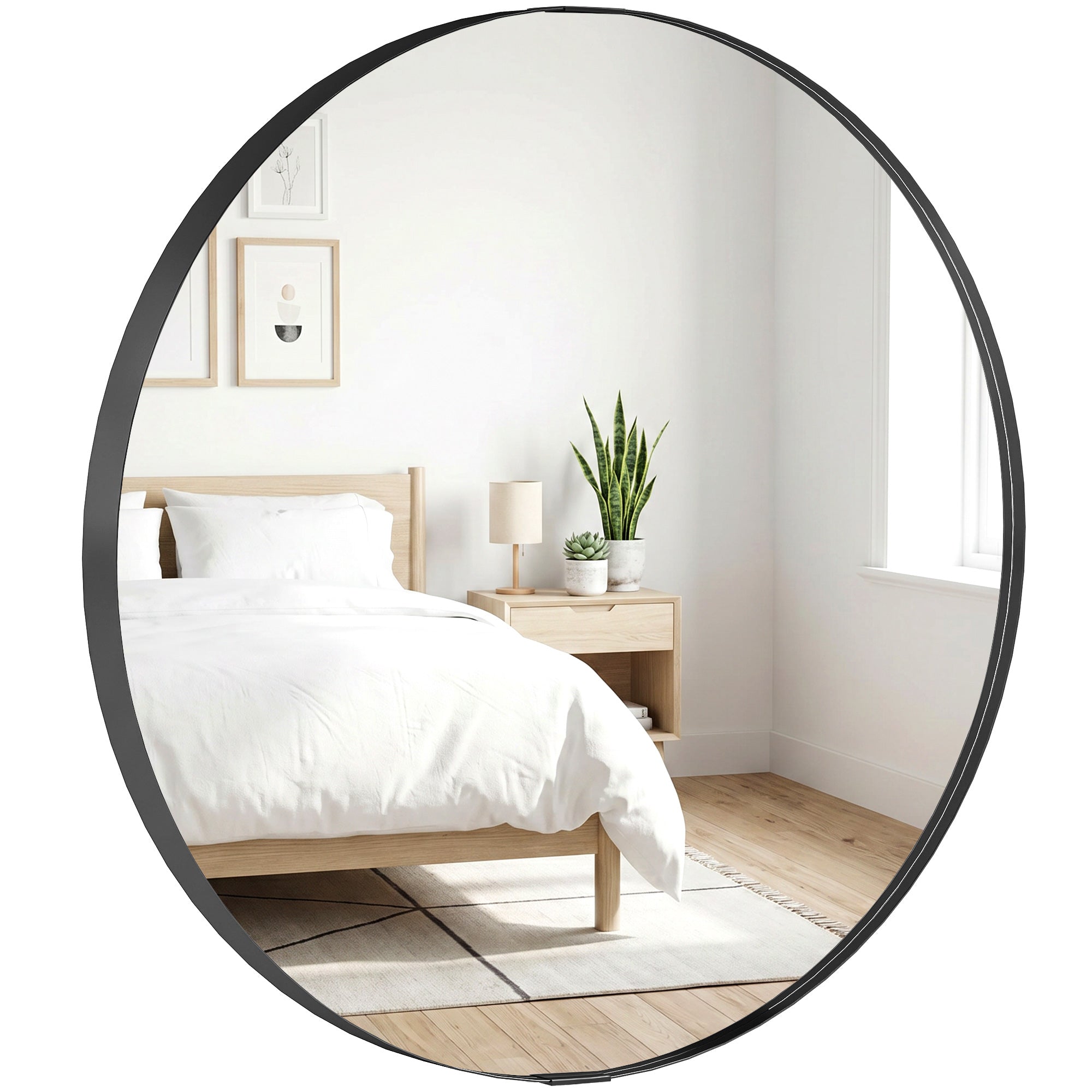 61 cm Round Wall Mirror with Tempered Safety Glass and Aluminium Frame, Black