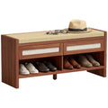 Boho Shoe Storage Bench with 2 Rattan Drawers, Linen-Look Cushioned Seat & Open Shelf, 42.5" W x 13.8" D x 19.7" H, Brown