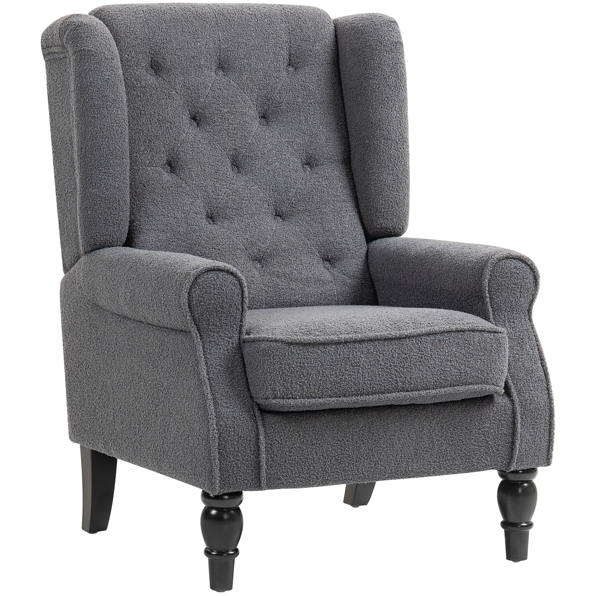 Mid Century Arm Chair for Living Room, Teddy Fleece Wingback Armchair with Wood Frame Button Tufted Design, Charcoal Grey