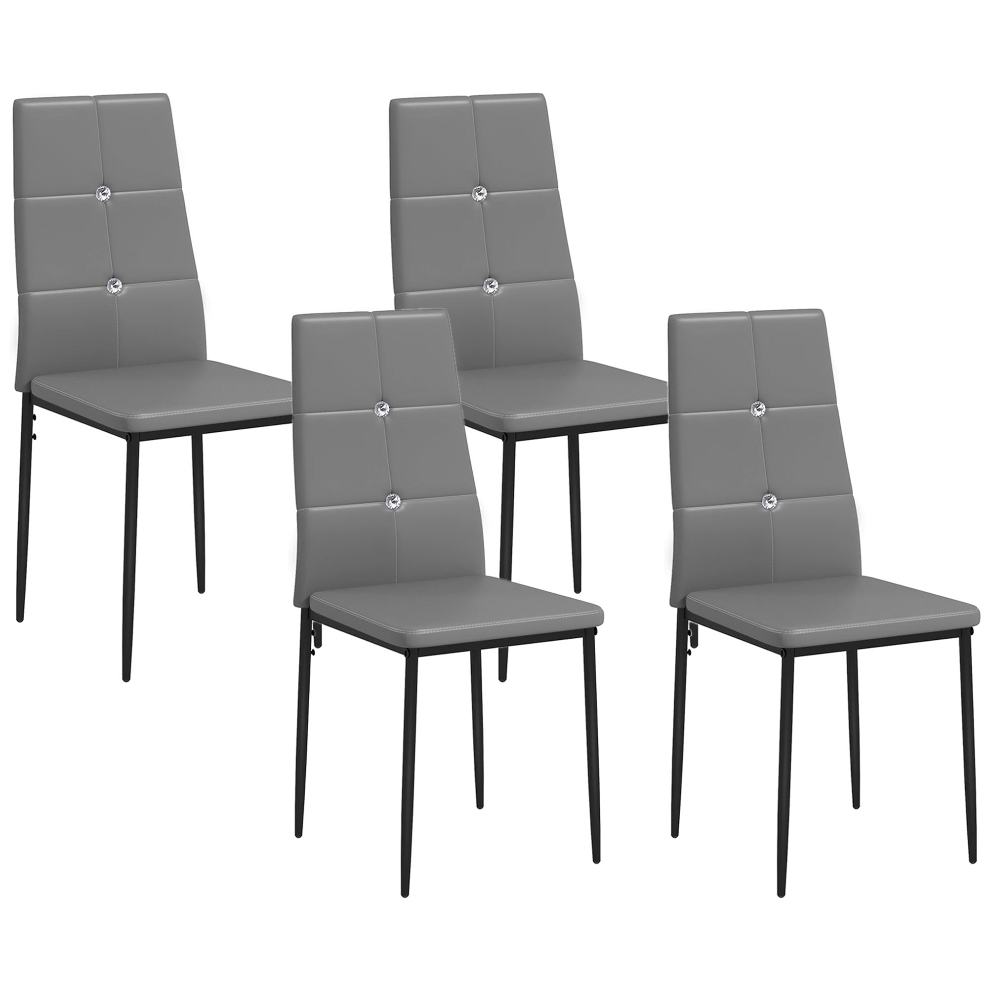 Set of 4 Faux Leather Dining Chairs with Crystal Tufting, Grey
