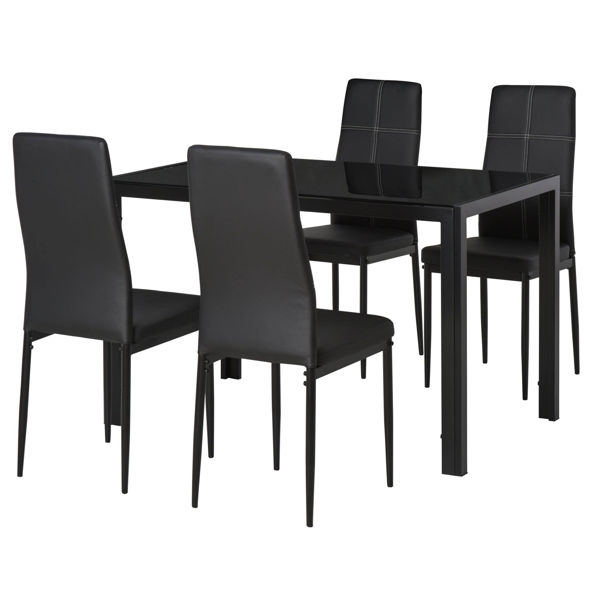 5-Piece Rectangular Glass Kitchen Table and 4 Faux Leather Chairs, Black