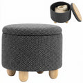 Round Storage Ottoman with Lid & Rubberwood Legs, Burlap Fabric Footstool for Bedroom or Living Room, 38.5 x 38.5 cm, Dark Grey