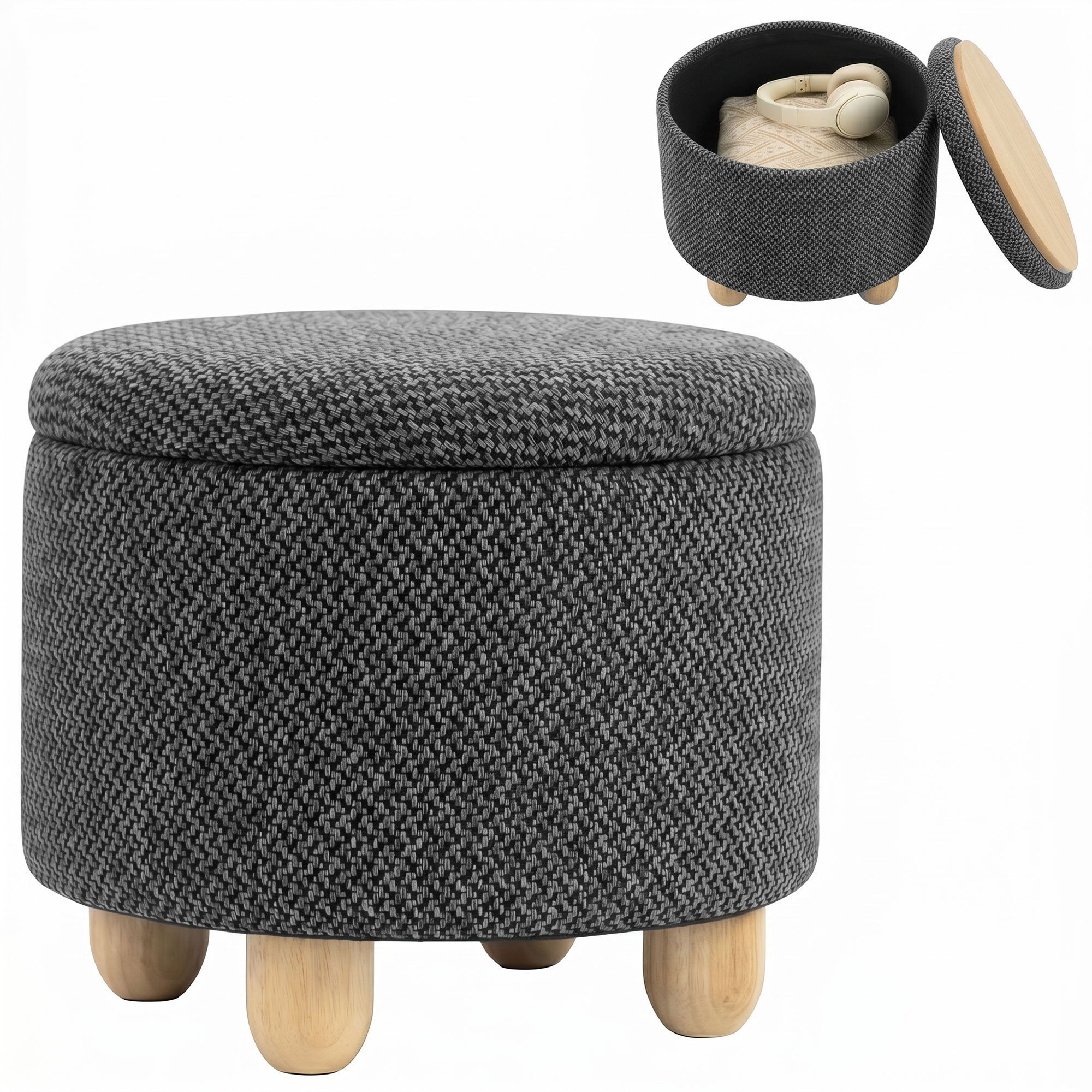 Round Storage Ottoman with Lid & Rubberwood Legs, Burlap Fabric Footstool for Bedroom or Living Room, 38.5 x 38.5 cm, Dark Grey