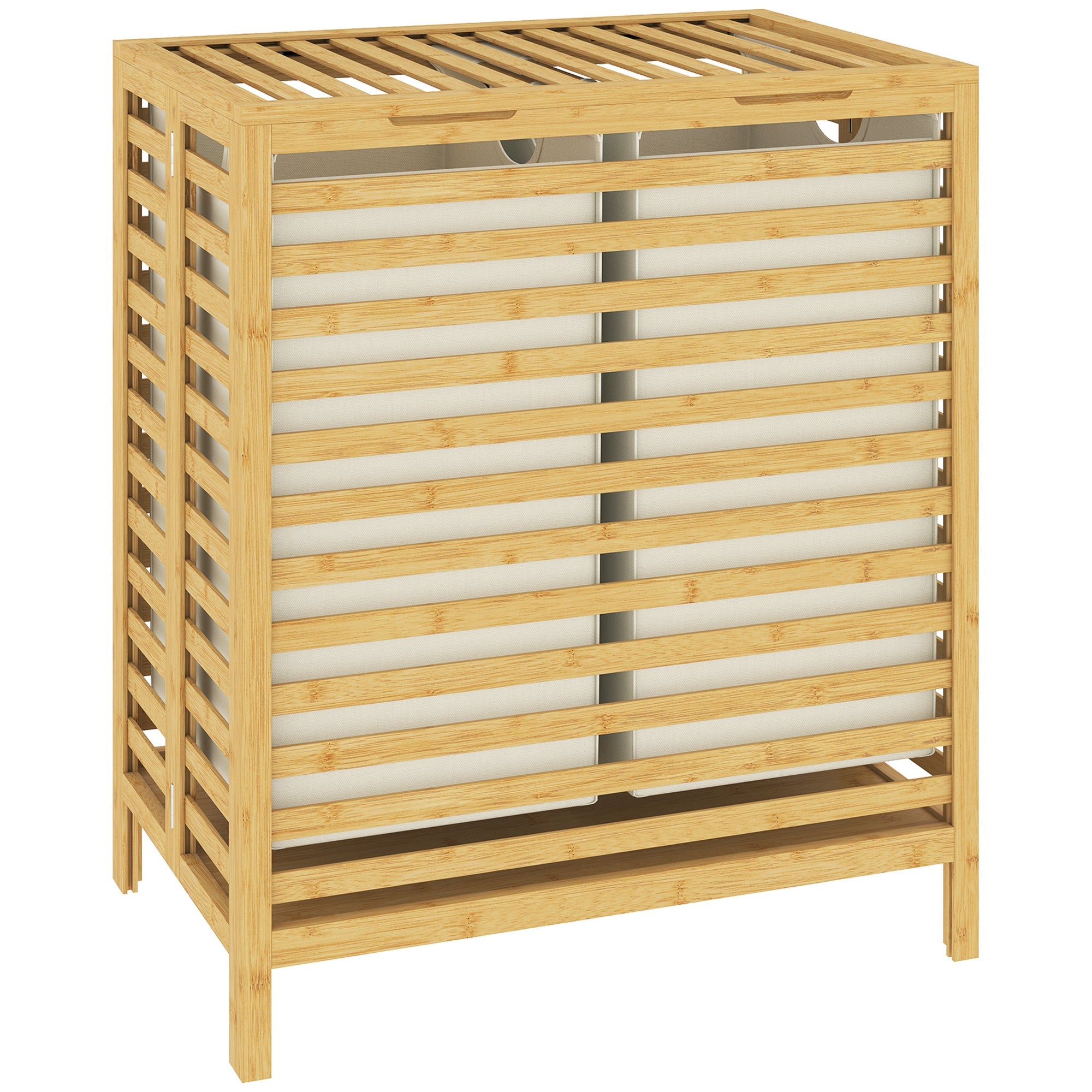 64L Double Bamboo Laundry Hamper with Lid and 2 Removable Liners, Cream White