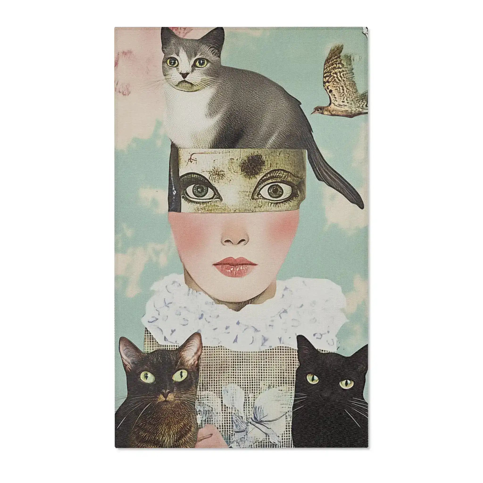 Whimsical Cat and Bird Collage Accent Rug