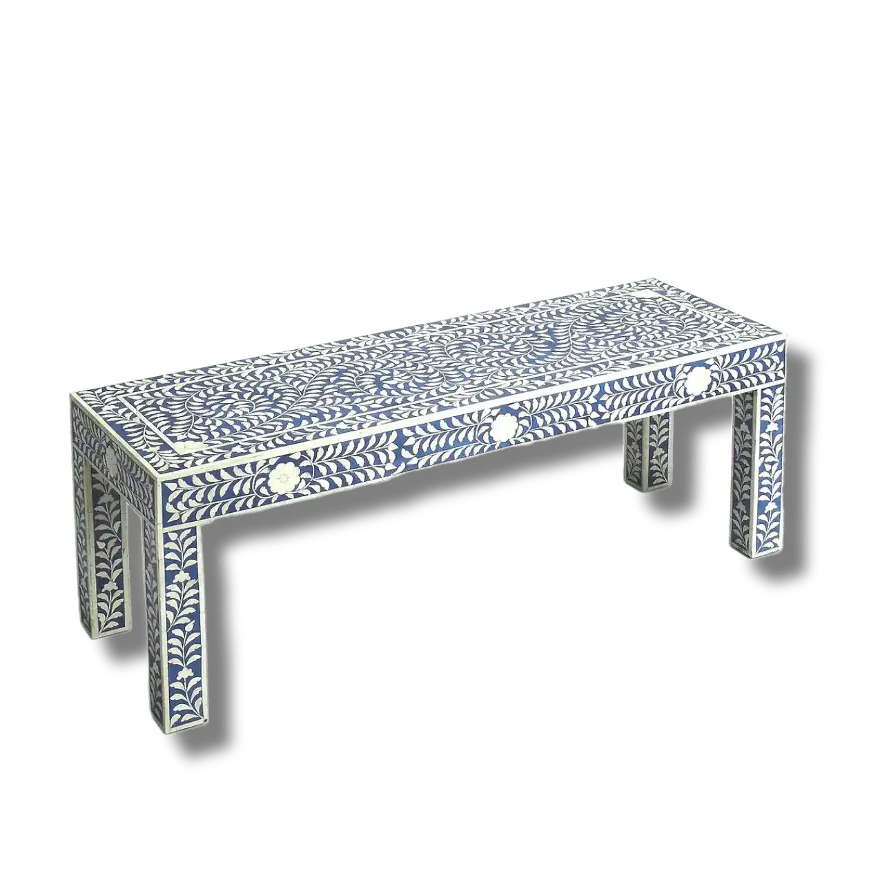 White and Blue Floral Bone Inlay Bench