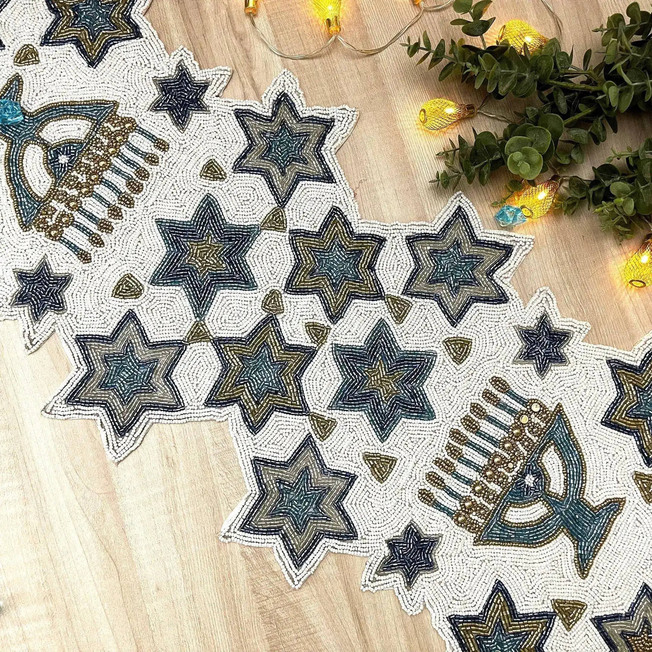 White and Blue Hanukkah Decorative Beaded Table Runner
