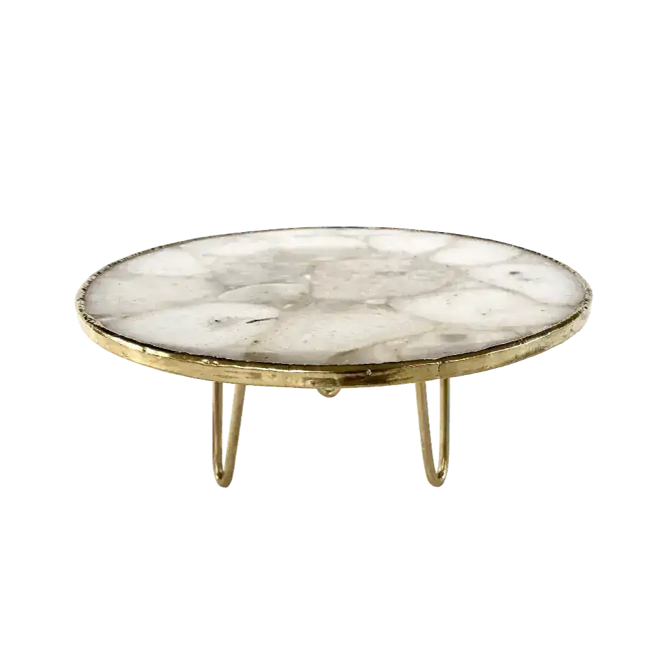 White Crystal Agate Cake Stand with Brass Legs