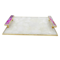 White Crystal Agate Plated Serving Tray With Pink Agate Onyx Handles