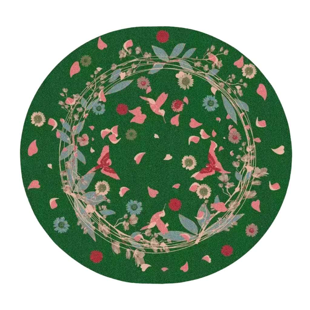 Wild Flowers Birds Round Hand Tufted Rug - Green