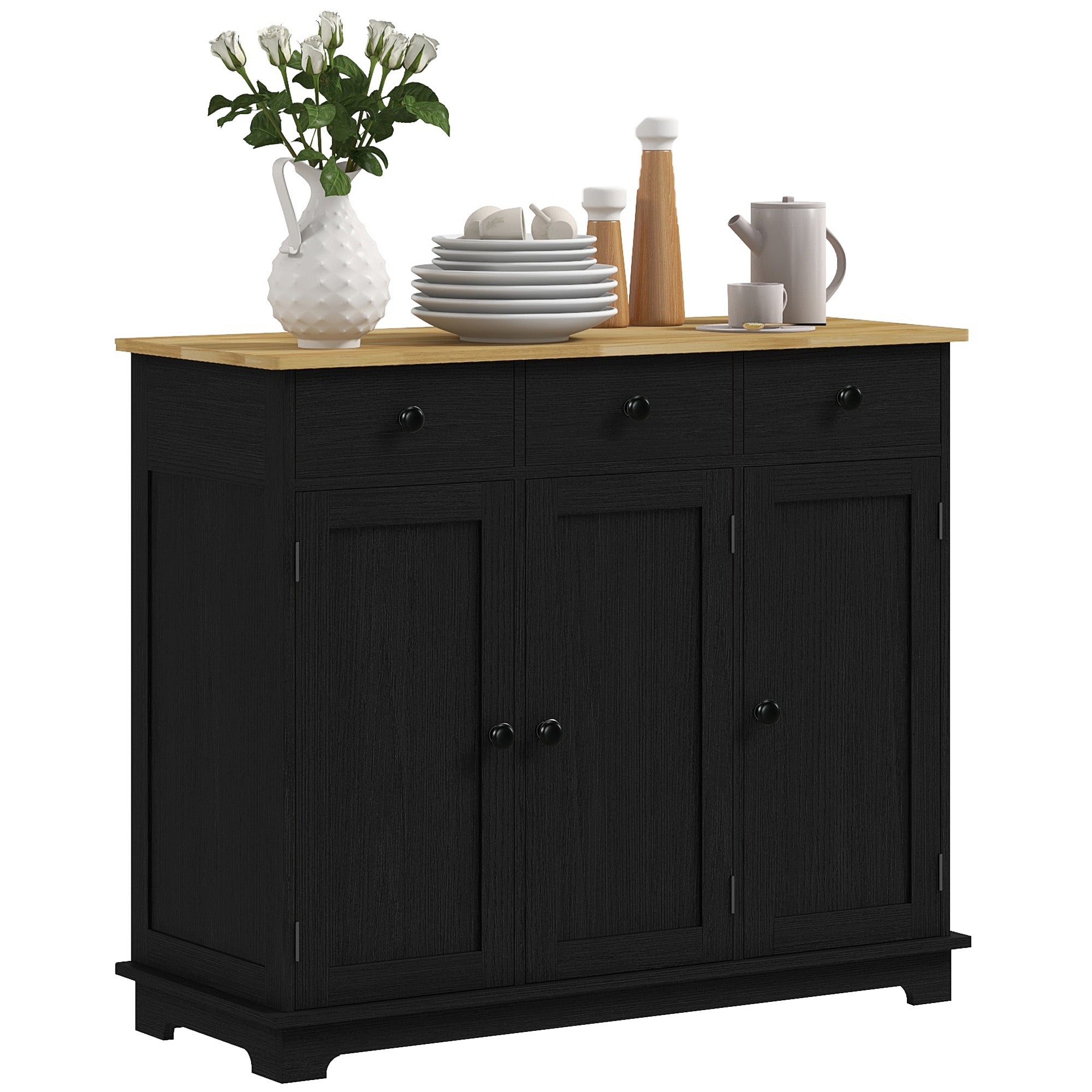 Sideboard Floor Cupboard, Solid Wood Top, Adjustable Shelf & 3 Drawers, Black Wood Grain