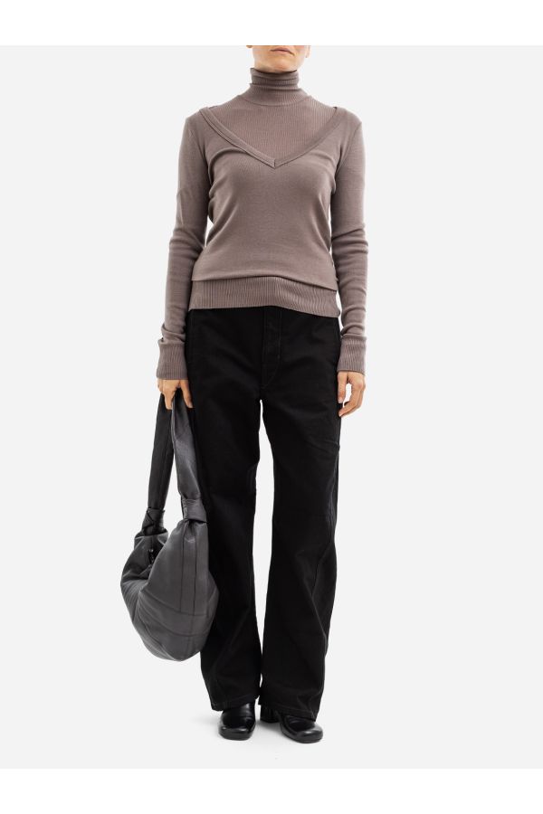 Lemaire Ribbed Turtleneck V-Neck Sweater — Gray