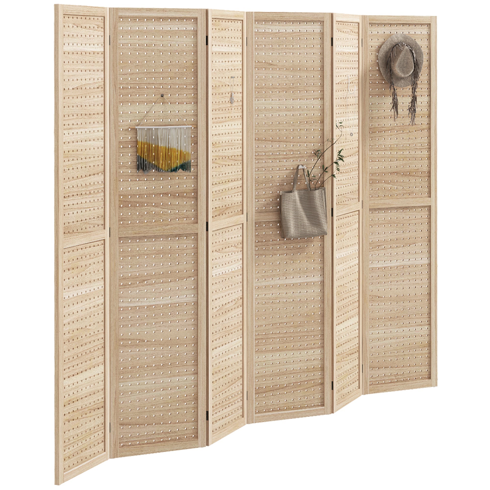 6-Panel Room Divider, 5.6 Ft. Tall Pegboard Folding Privacy Screen Panels, Natural