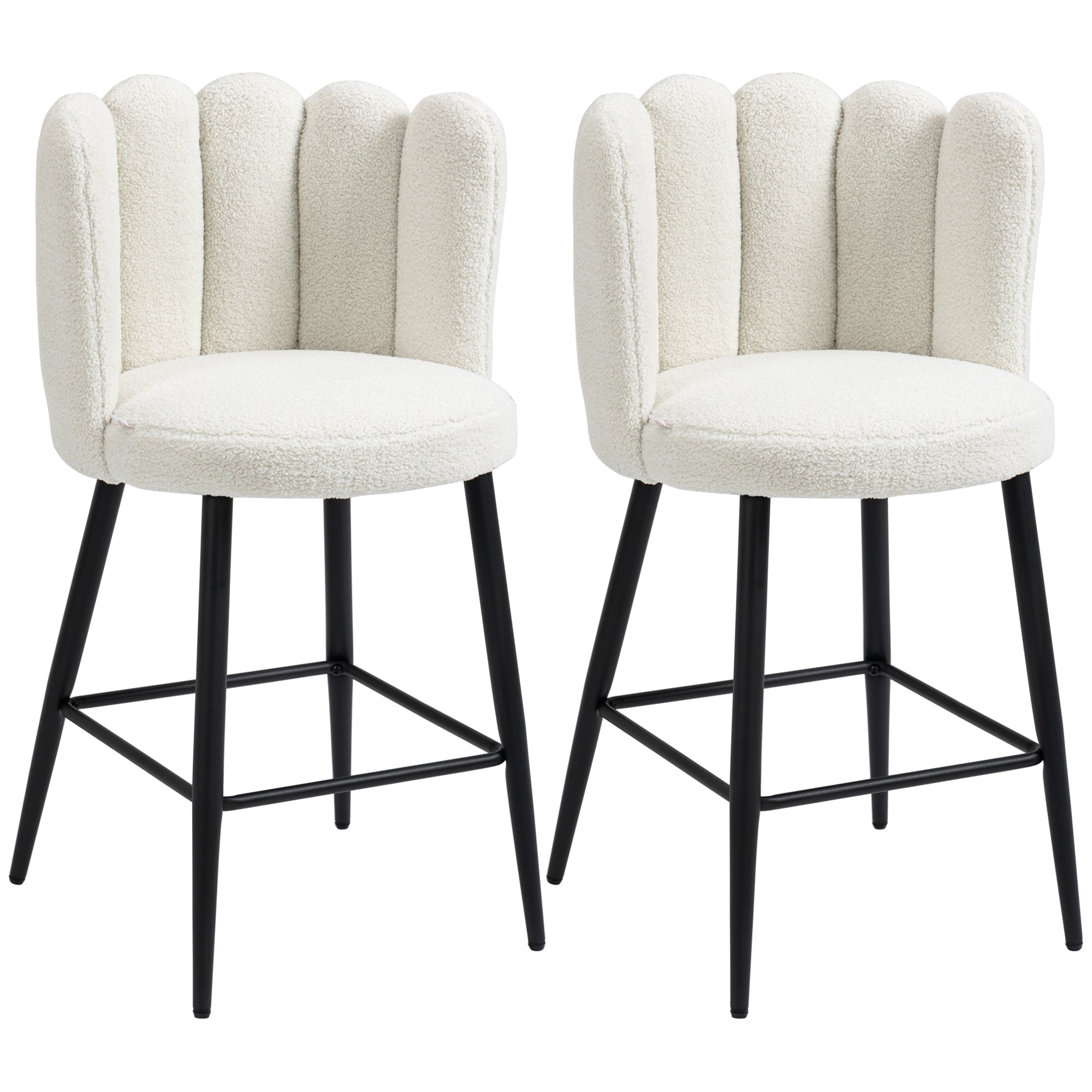 Set of 2 Upholstered Bar Stools with Footrest, Cream White