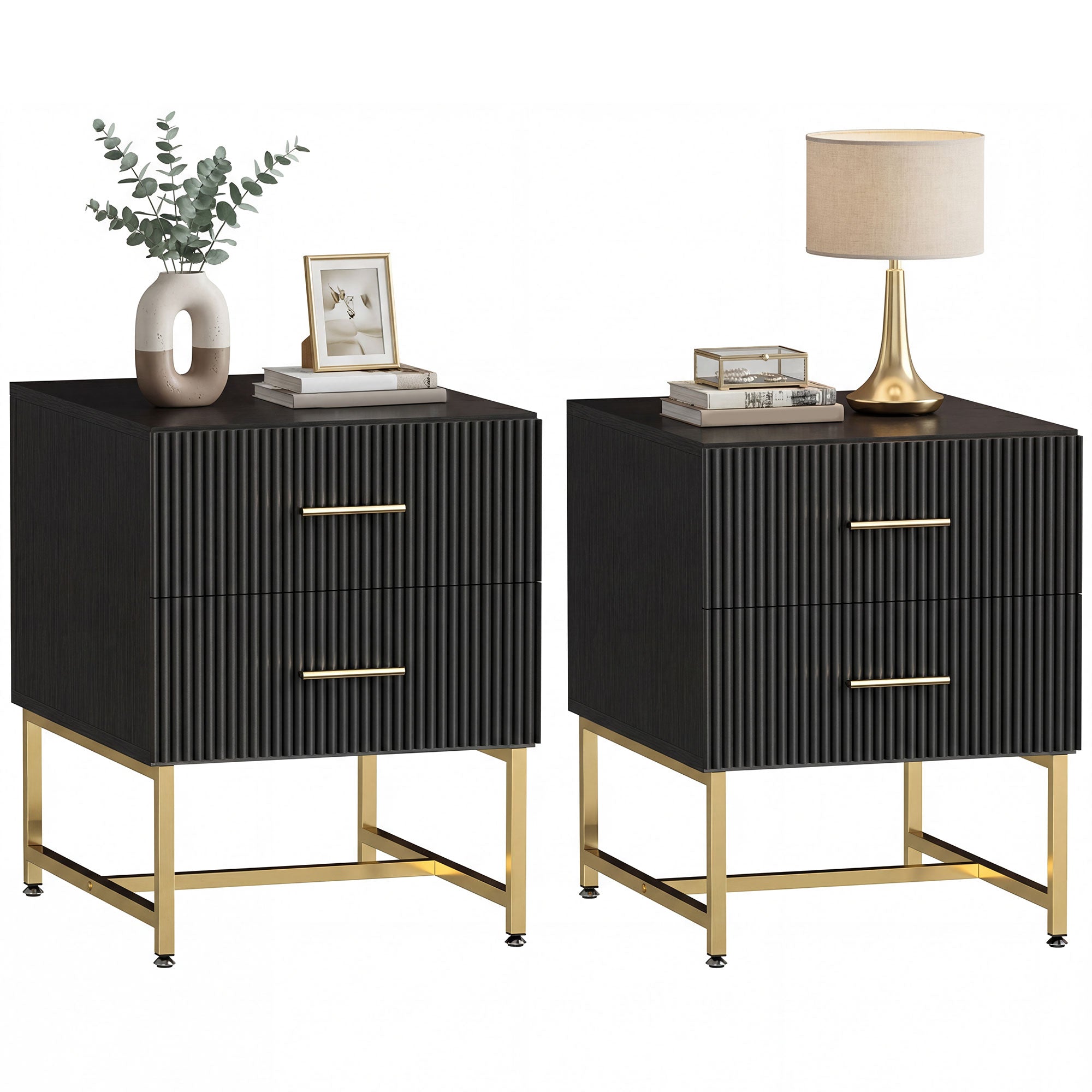 Modern Nightstands Set of 2, Bedside Tables with 2 Drawers and Fluted Panels, Black