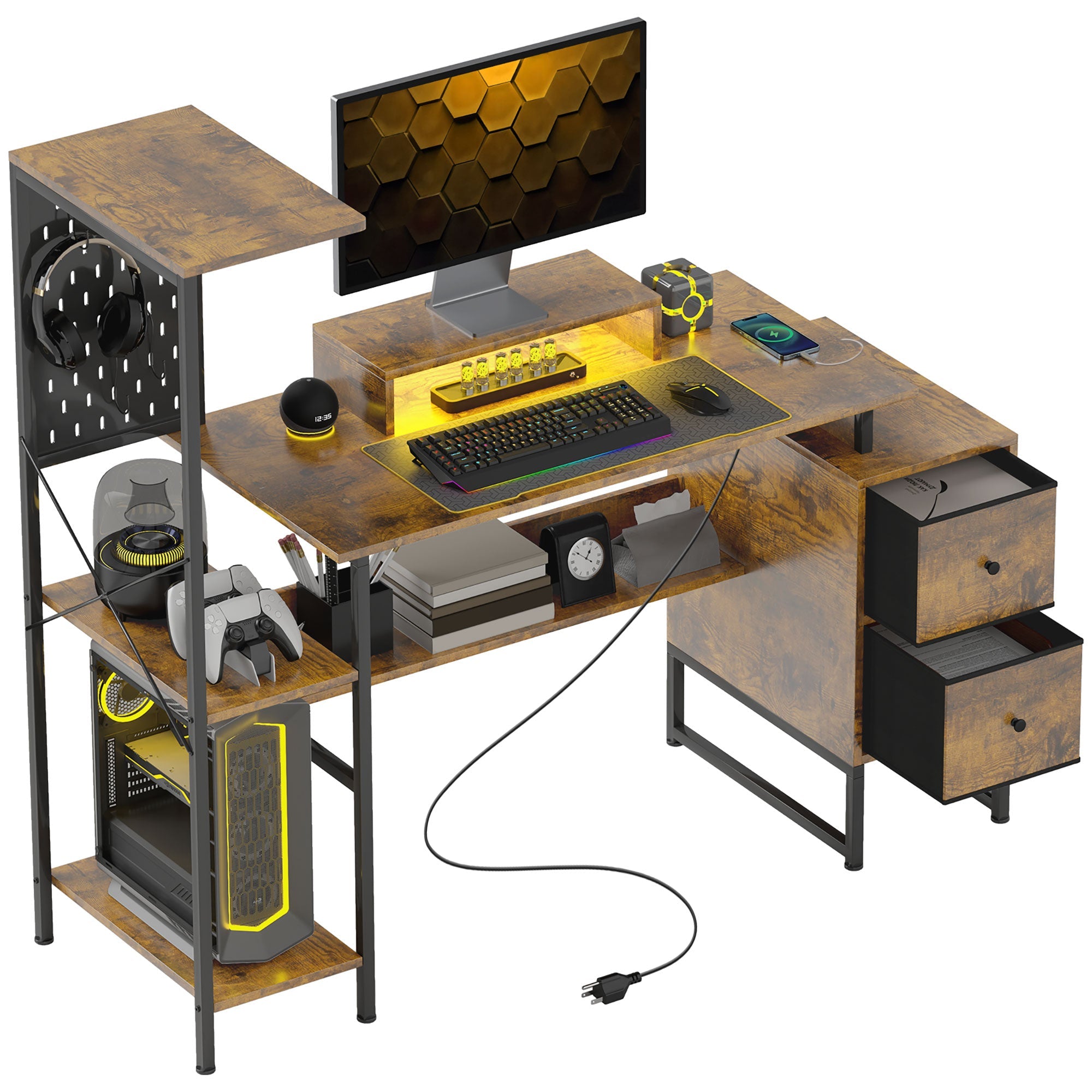 56" Gaming Desk w/ 2 CPU Stands, Pegboard, Power Outlets &  LED Lights, Rustic Brown