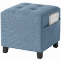 Square Ottoman with Side Pocket, Padded Linen-look Seat & Rubber Wood Legs, 35 x 35 x 35 cm, Dark Blue