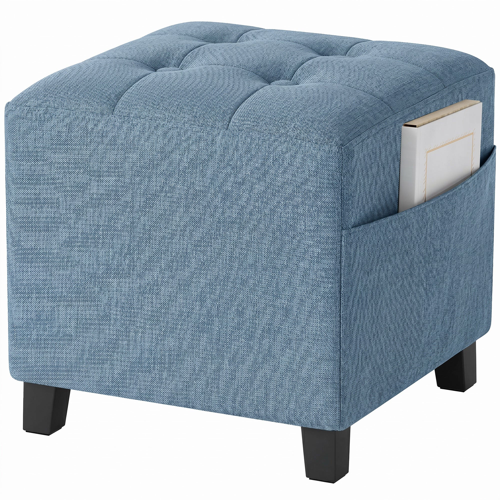 Square Ottoman with Side Pocket, Padded Linen-look Seat & Rubber Wood Legs, 35 x 35 x 35 cm, Dark Blue
