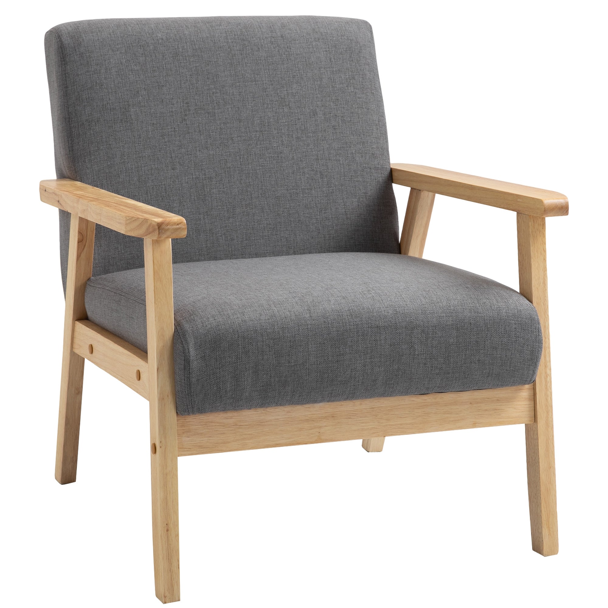 Wood Frame Accent Armchair with Thick Linen Cushions & Wide Seat, Grey