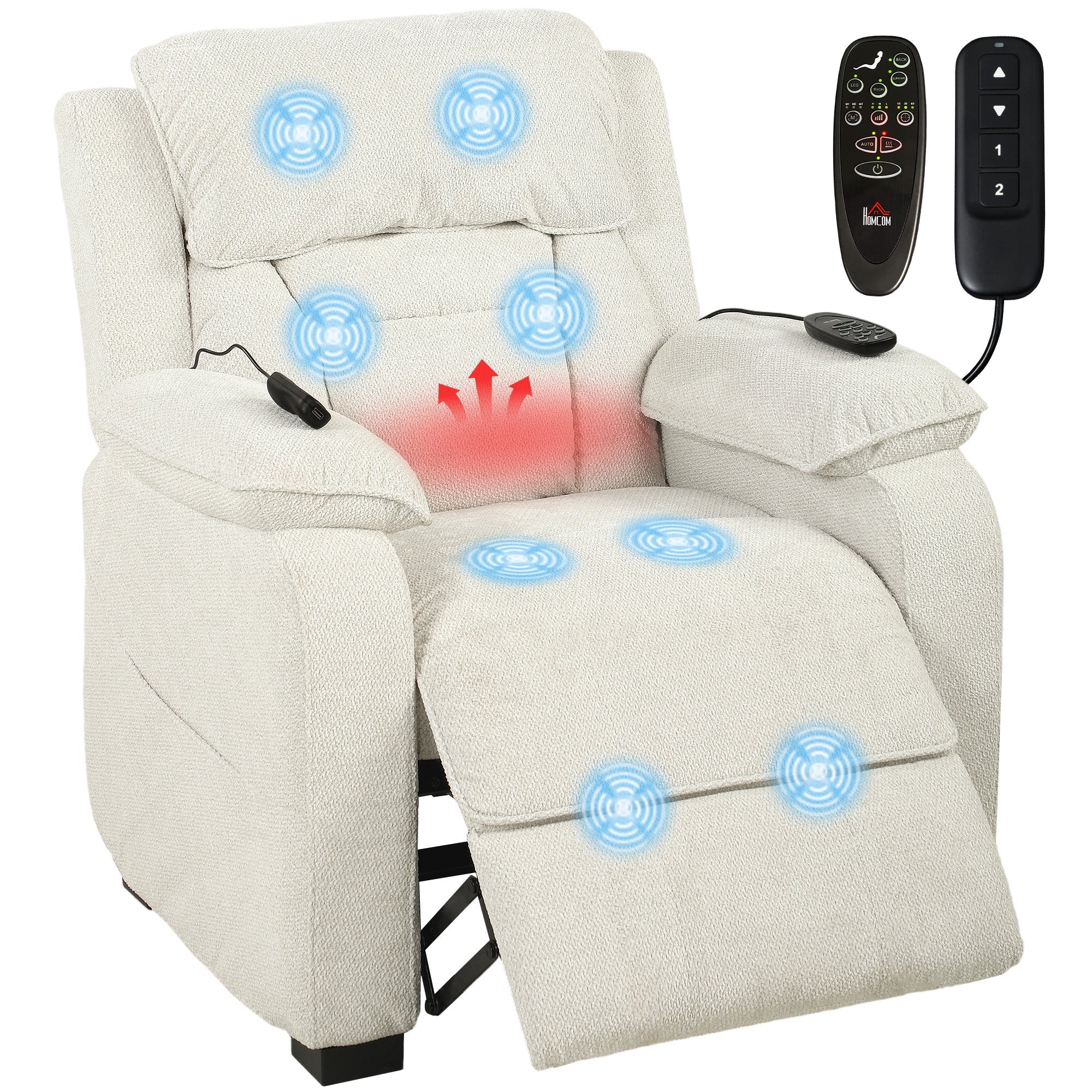 Power Recliner Armchair with Massage & Heat, Wide Spring Seat, Memory Function, USB Port & Side Pockets, Cream White