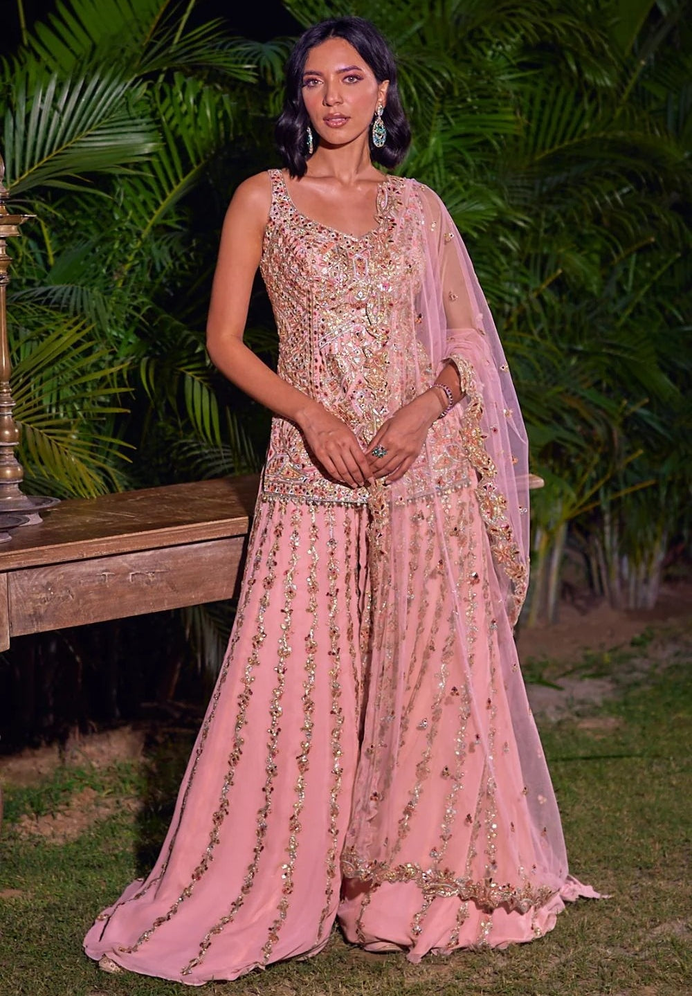 Peach Georgette Sharara Set By KYNAH, Luxury Indian Fashion & Bridal Wear
