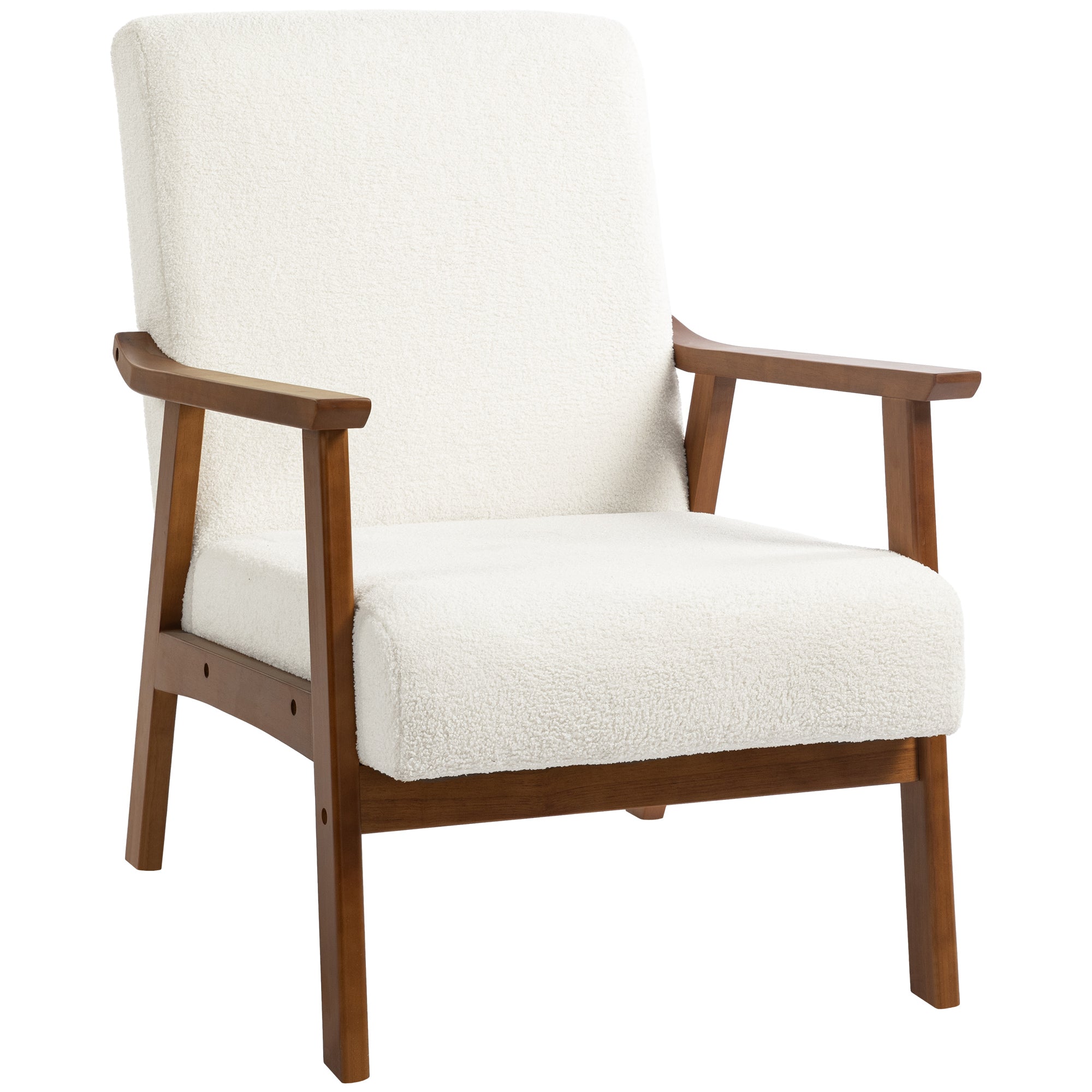 Boucle Accent Chair, Wide Seat Armchair with Thick Padded and Solid Wood Frame, White