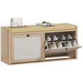 Shoe Storage Bench with Padded Cushion Seat and 2 Rattan Doors, Oak Wood Effect