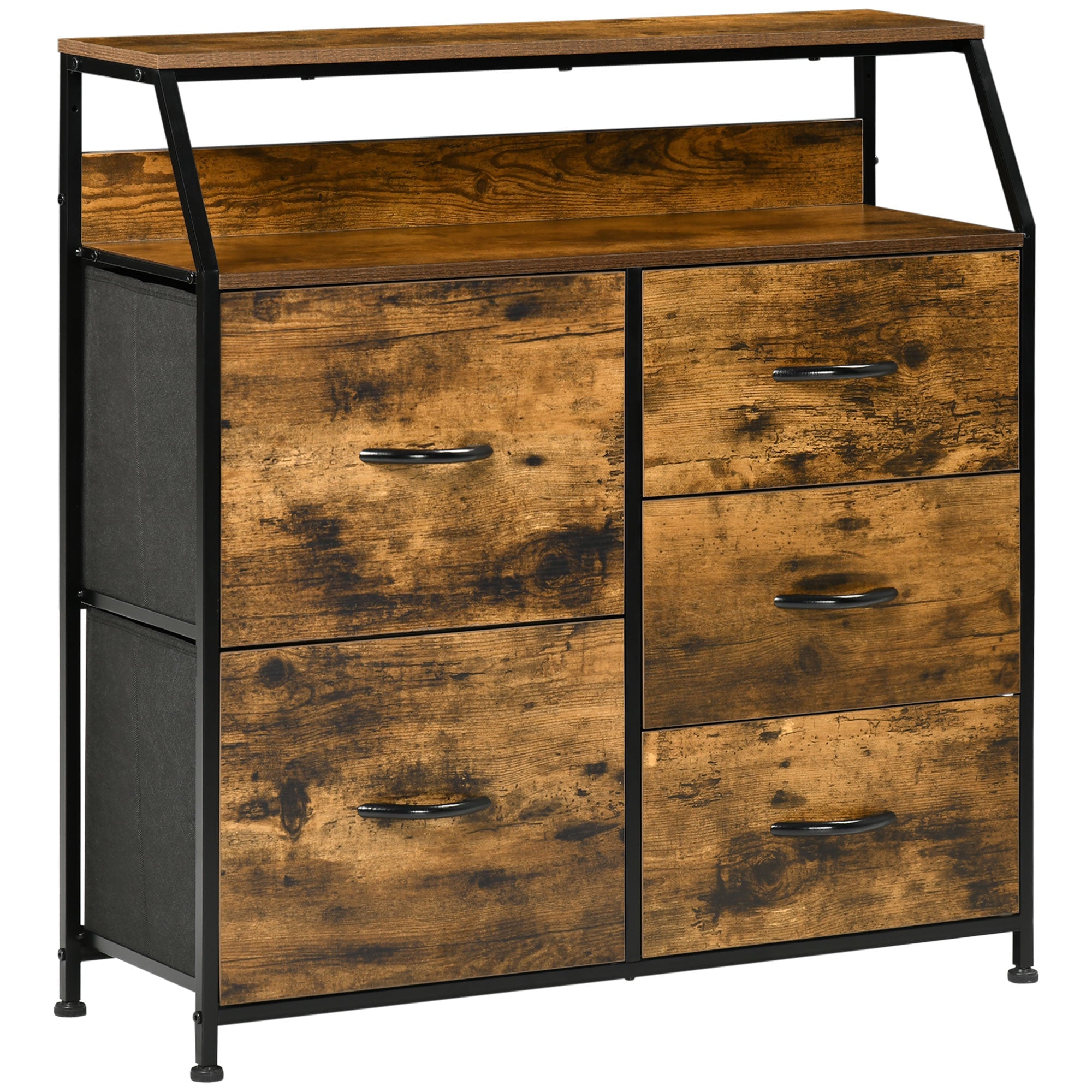 Industrial Storage Cabinet with 5 Fabric Drawers & Open Shelf for Living Room, Rustic Brown