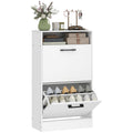 Narrow Shoe Cabinet with 2 Flip Drawers & Open Shelf, Adjustable Dividers, White