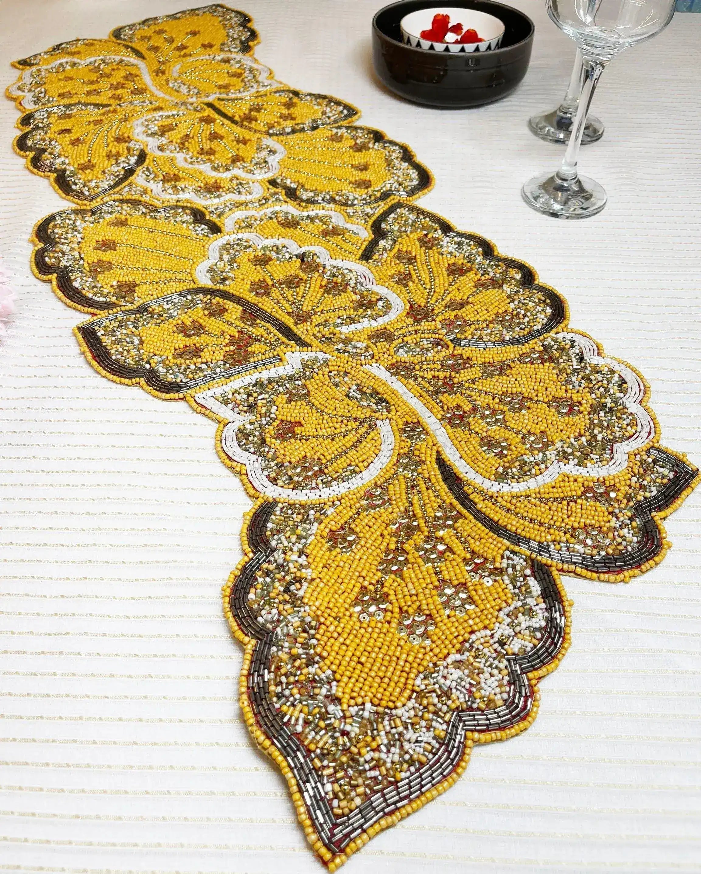 Yellow and Gold Floral Beaded Table Runner