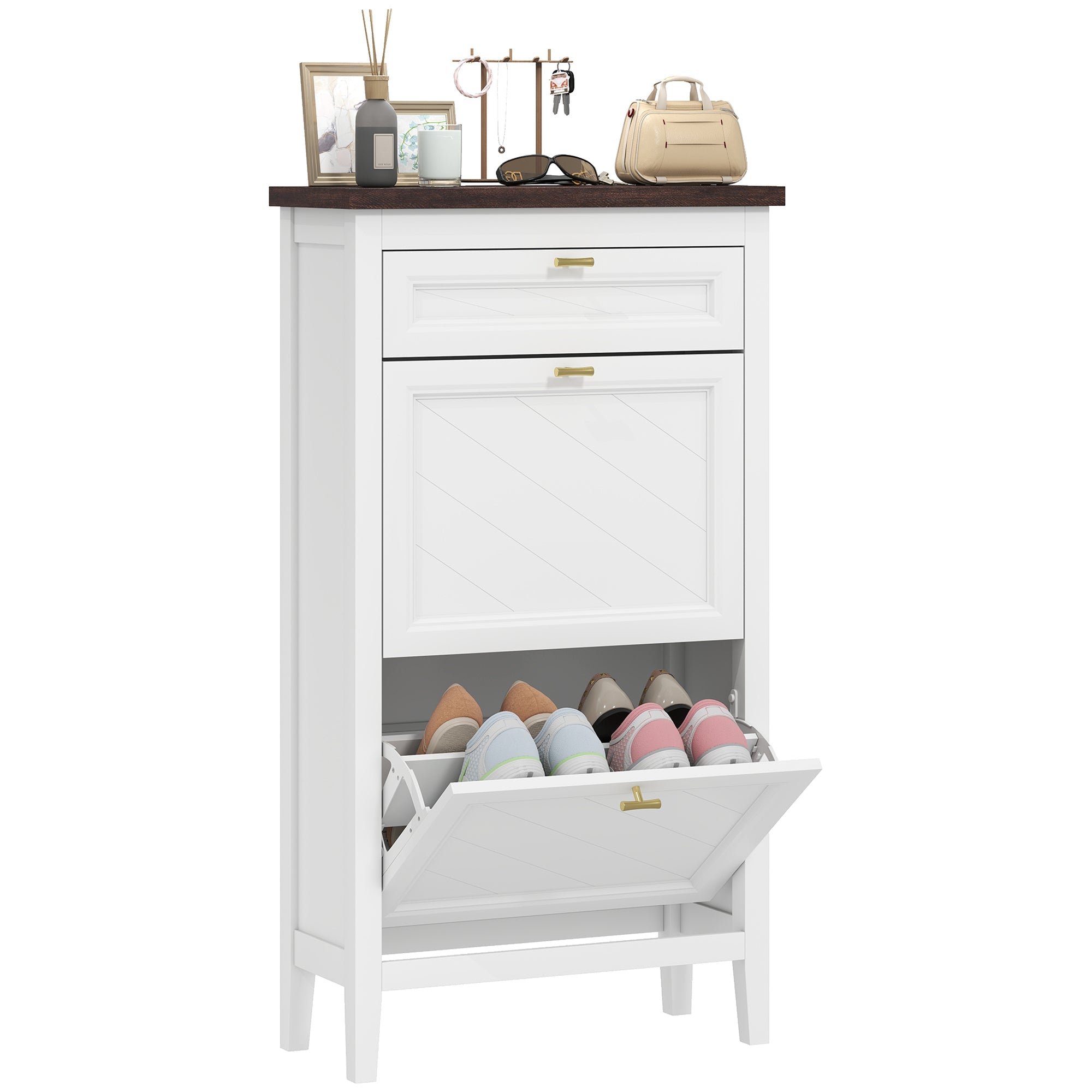 Narrow shoe cabinet with 2 flip drawers, adjustable shelf, fits 8-12, white