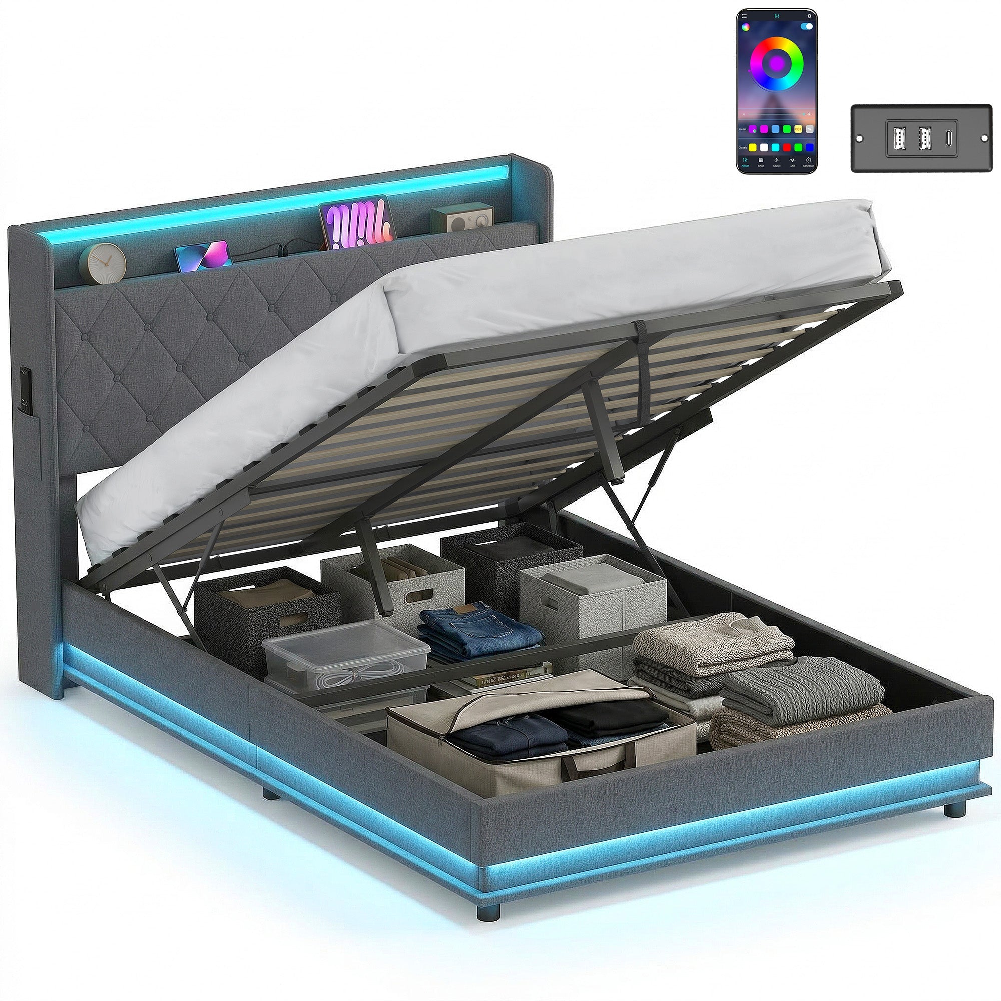 4ft6 Double Ottoman Bed with Hydraulic Storage, App LED & USB Charging, Dark Grey
