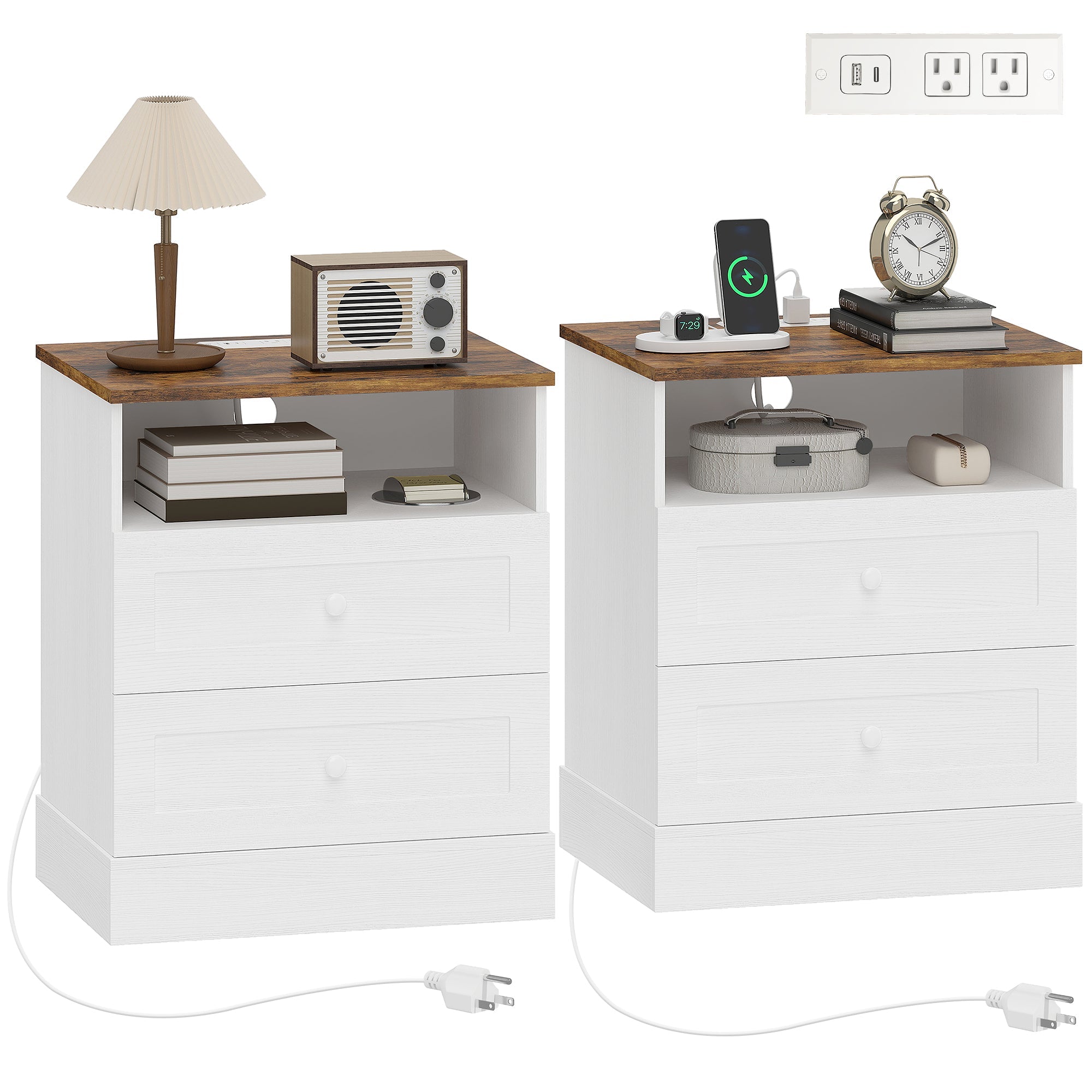 Set of 2 Modern Nightstands with USB Charging, 2 Drawers & Shelf, White and Oak