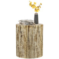 17" Concrete Finish Tree Stump Side Table with Adjustable Feet, Natural Wood