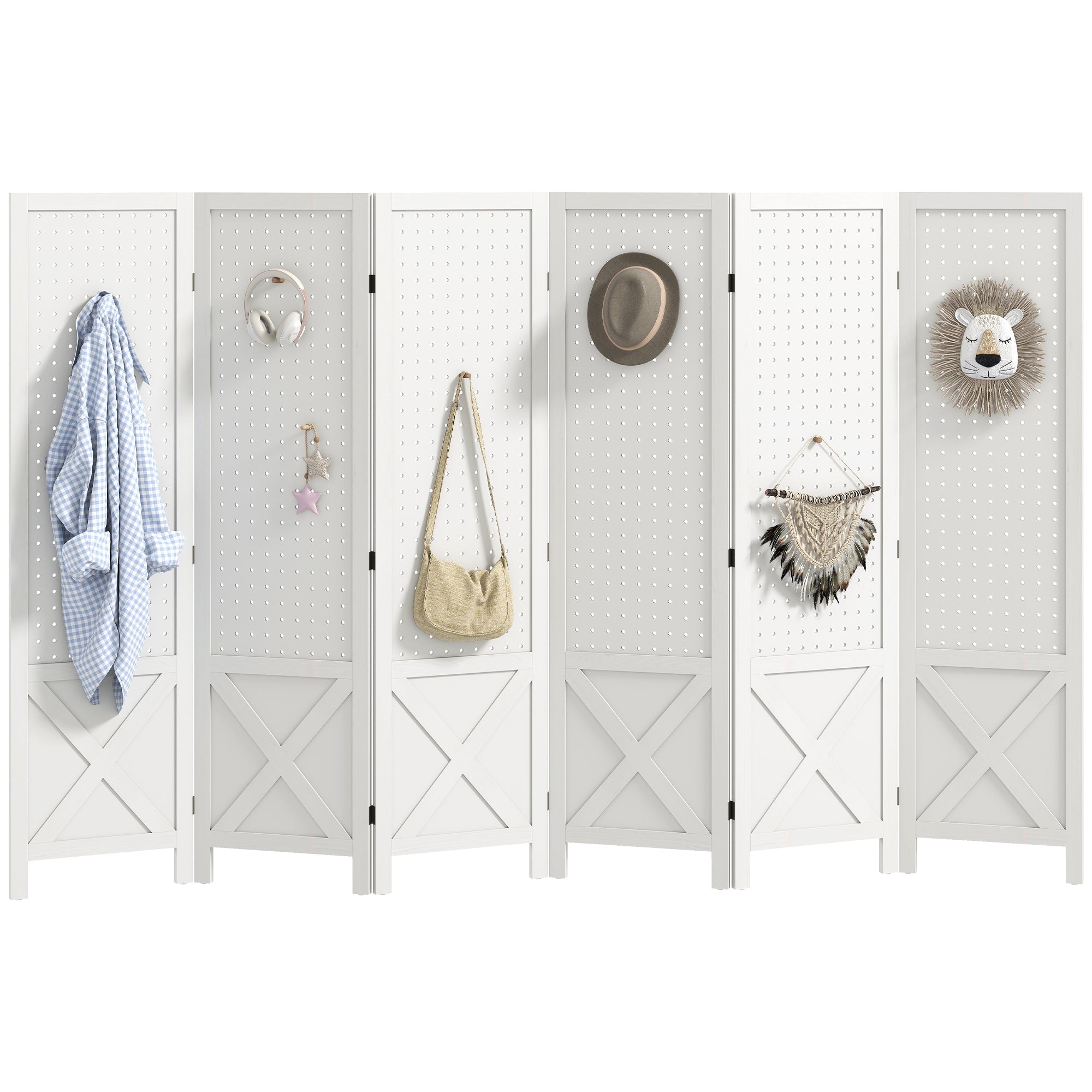 6 Panel Pegboard Display Room Divider, 56.9" Tall Wood Portable Folding Privacy Screen, White
